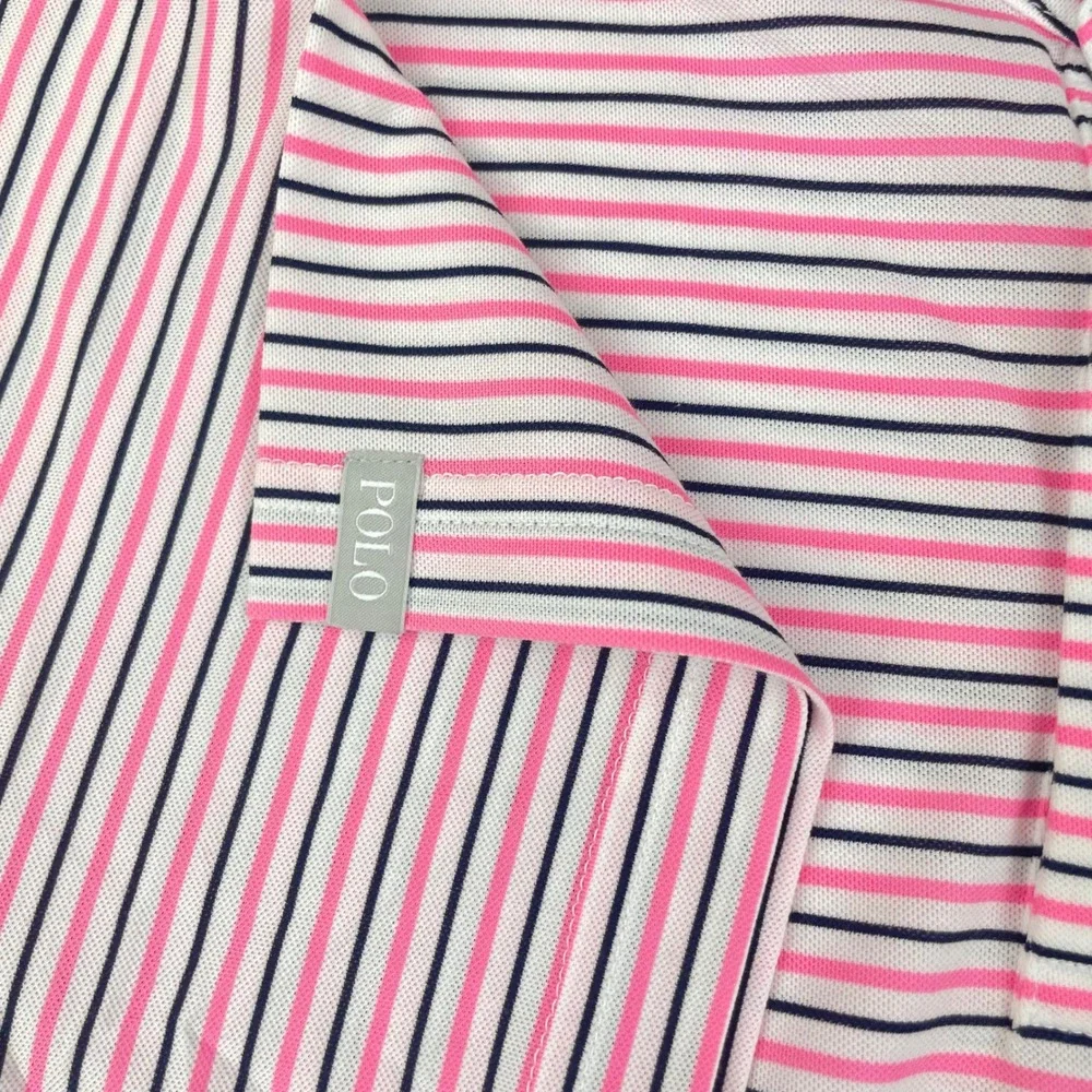 Ralph Lauren Pro Fit Men Polo Shirt Large Pink Navy Blue Striped Short Slv NWOT